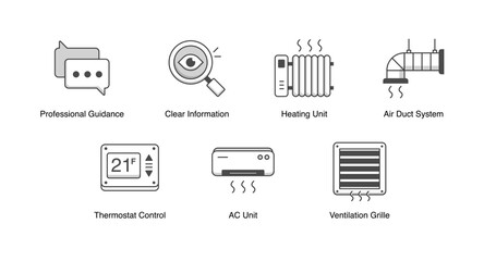 HVAC System Icons. AC Unit, Heating Unit, Thermostat Control, Air Duct System, Ventilation Grille, Clear Information, Professional Guidance