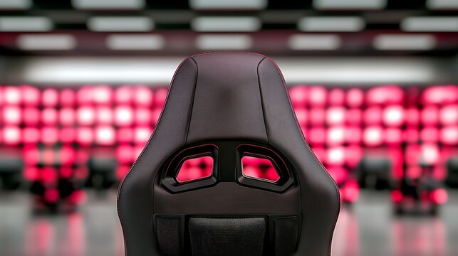 A gaming chair stands before a wall of lights in a high-tech, modern setting