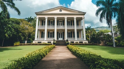 Obraz premium Grand Colonial Mansion: Lush Gardens, Elegant Facade, Serene Landscape
