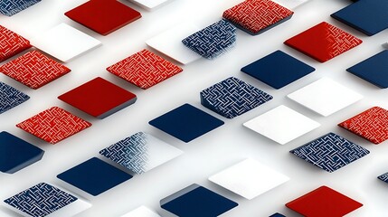A geometric arrangement of red, white, and blue diamond shapes on a white background