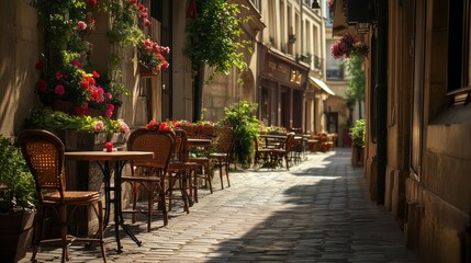 Charming street cafe scene with flower-adorned tables and vintage architecture
