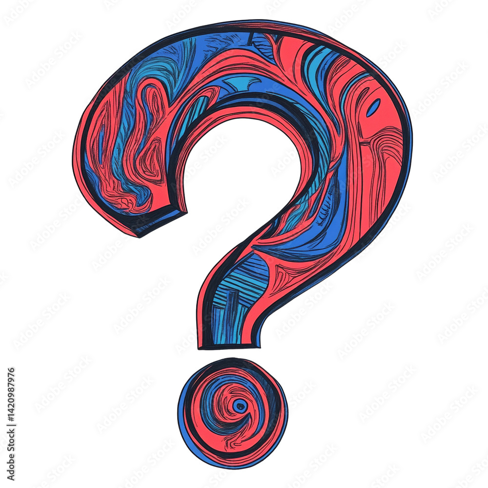 Poster intricate swirls forming a question mark against a striking black backdrop