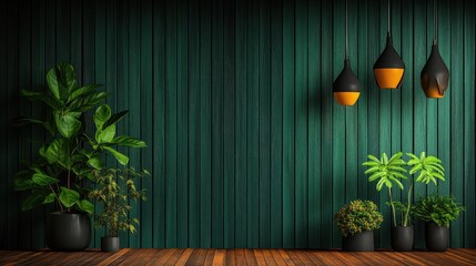 Modern interior design with plants and pendant lights
