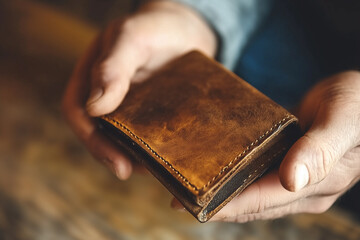 craftsmen's hands sewing leather into handmade wallets