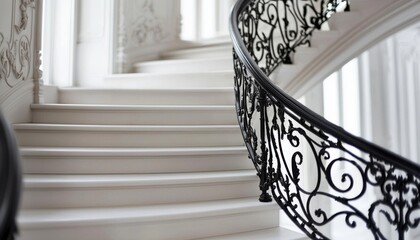 elegant white staircase with a black wrought iron railing in a vintage building, emphasizing the intricate details and timeless design of the architecture