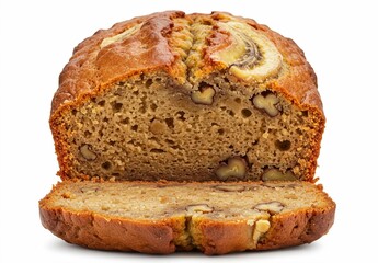 Sliced Banana Bread with Walnuts and Banana Topping, Homemade Sweet Dessert Loaf
