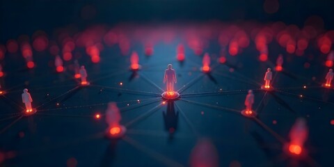 Abstract network of interconnected people icons with glowing nodes and lines, dark background with bokeh effects 
