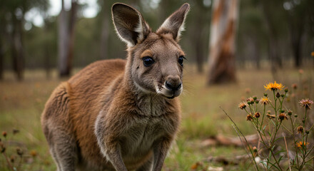 Fototapeta premium Kangaroo Standing in Grassy Field with Yellow Flowers