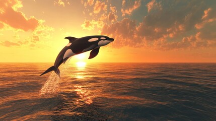 Fototapeta premium Orca leaping sunset ocean wildlife nature (1)