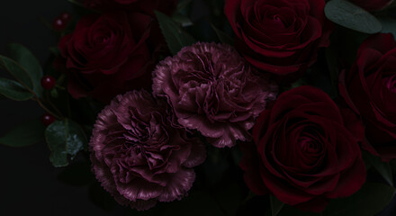Dark Red Roses and Burgundy Carnations Bouquet Close Up Floral Photography