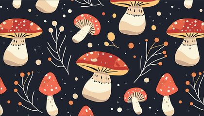 Colorful Decorative Mushroom and Leaves Seamless Pattern on Dark Background