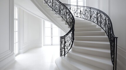 elegant white staircase with a black wrought iron railing in a vintage building, emphasizing the intricate details and timeless design of the architecture