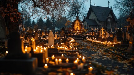 Eerie cemetery illuminated by flickering candles on All Souls' Day remembrance