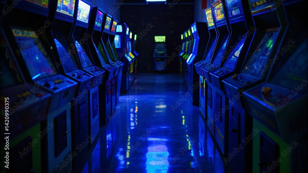 Poster old vintage arcade video games in an empty dark gaming room with blue light with glowing displays an