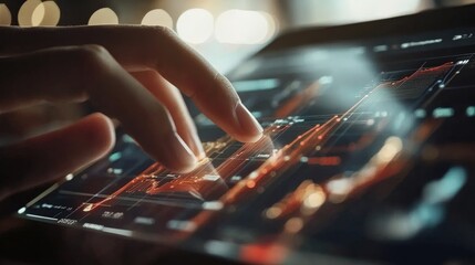 Detailed Close-Up of Hand Interacting with Financial Data on Tablet