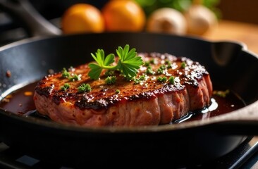 Juicy grilled steak with herbs in a sizzling pan