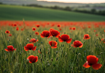 Fototapeta premium Red poppy flowers blooming vibrantly in a lush field, surrounded by swaying grass under a sunny sky.