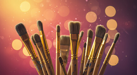Artistic Paintbrushes Close up Golden Handles Soft Bristles Bokeh Background