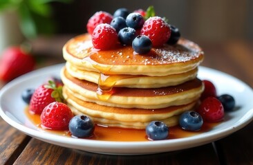 Delicious pancake stack topped with fresh berries and drizzled with syrup