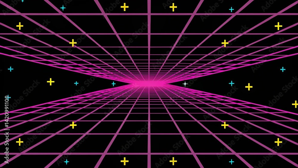 Aufkleber Retro cyberpunk style 80s game scene pixel art 8-bit sci-fi background. Futuristic with laser grid landscape. Digital cyber surface style of the 1980`s. Neon colors glowing synth wave night city