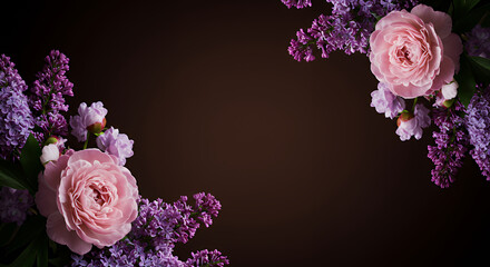 Elegant Pink Peonies and Purple Lilacs Floral Arrangement on Dark Background