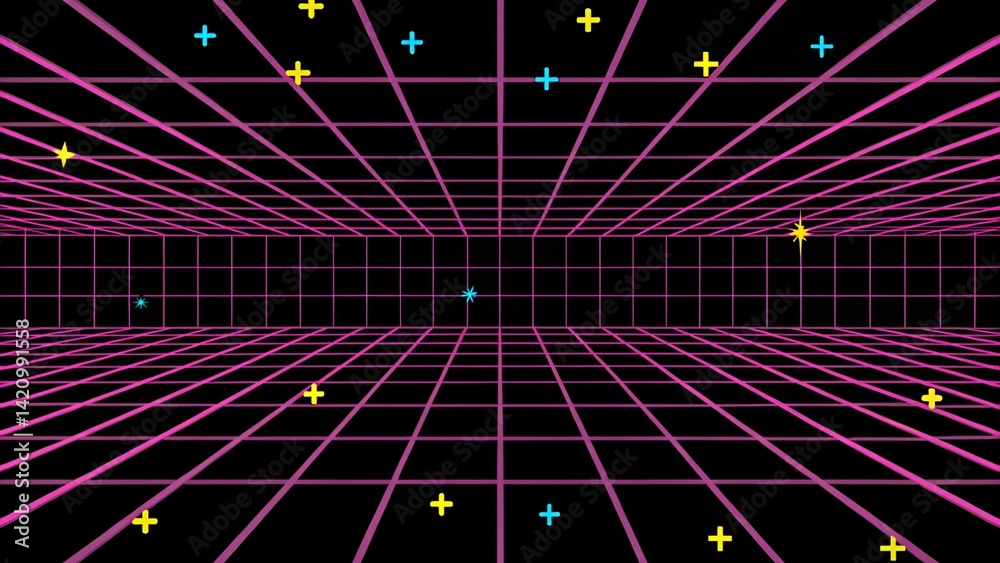 Aufkleber Retro cyberpunk style 80s game scene pixel art 8-bit sci-fi background. Futuristic with laser grid landscape. Digital cyber surface style of the 1980`s. Neon colors glowing synth wave night city
