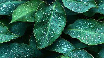 Obraz premium Lush seamless pattern featuring vibrant banana leaves with droplets of water in a natural setting