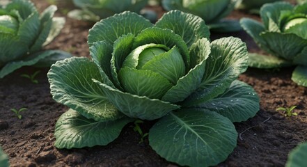 Fresh Green Cabbage Head, Growing in Dark Soil, Cultivated Cabbage Plant, Organic Vegetable Patch, Ai generated 