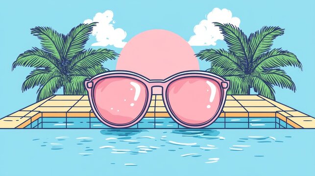 Pink sunglasses near the pool with palm trees
