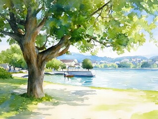 Tranquil lakeside scene with leafy tree shading a painterly shore