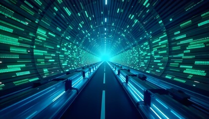 Fototapeta premium A neon tunnel with blue and green neon lights, the perspective is centered and the light is bright , the background is bright