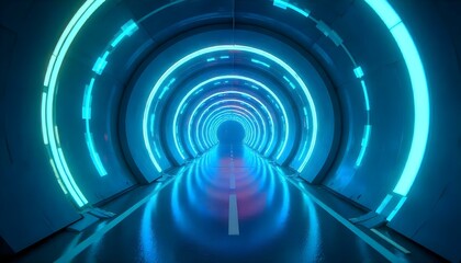 Fototapeta premium A neon tunnel with blue and green neon lights, the perspective is centered and the light is bright , the background is bright