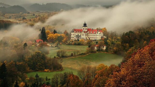 Aerial view captures the serene beauty of Kladruby Monastery surrounded by autumnal landscape in the Czech Republic, Aerial view of the monastery Kladruby in the Czech Republic on a cloudy day in