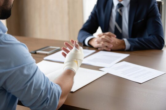 cropped view of worker with broken arm siting at table with documents opposite businessman in office, compensation concept