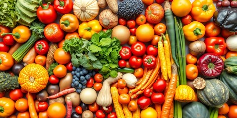 Vibrant array of colorful fruits & vegetables arranged in rainbow pattern,  food styling, orange