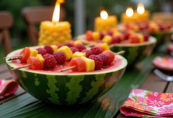 Vibrant summer fruit platter with watermelon and skewered berries