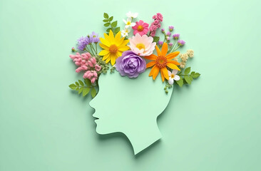 Minimalist Female Silhouette with Vibrant Floral Arrangement in Paper-Cut Aesthetic