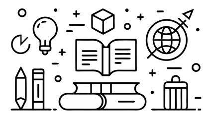Editable line icon set of books and reading tools in vector style including open books, bookmarks, and academic symbols for eLearning and educational visuals