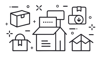 Vector set of editable box icons featuring illustrations of packages, storage, and shipment tools designed for business, retail, and warehouse-themed graphics