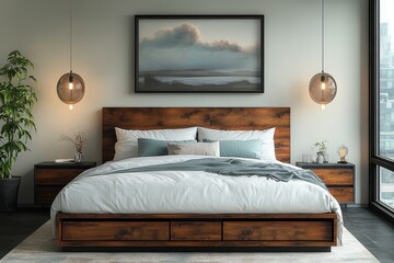 Industrial-style bed with rustic wood and black metal frame, built-in storage and LED-lit walnut headboard in cozy modern bedroom