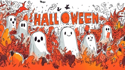 Halloween themed illustration with cute ghosts pumpkins and bats