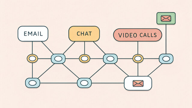 abstract hand drawn map connecting nodes labeled with communication methods like email, chat, and video calls, illustrating modern connectivity and interaction