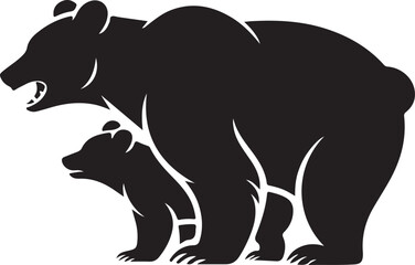 Vector illustration of a silhouetted mother bear and cub