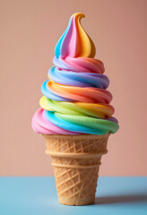 A single Colorful Rainbow soft serve ice cream with sprinkles cone with Melted Topping .vibrant minimalist background,