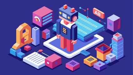 Fototapeta premium Illustration of a character generating content with artificial intelligence tools including text image creation digital storytelling suitable for modern tech media