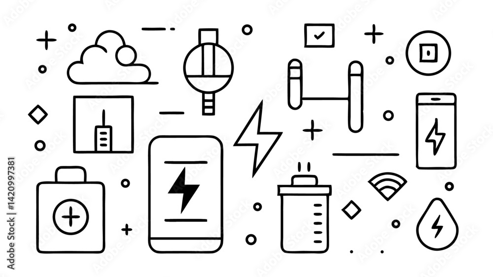 Poster a modern charging icon set is displayed in a clean editable vector illustration featuring plug desig