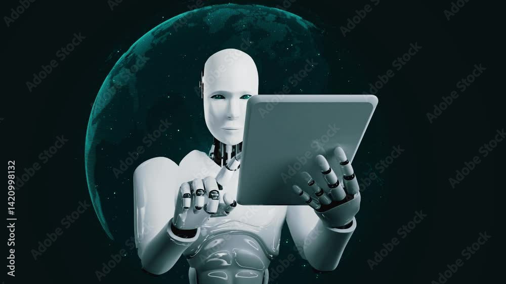 Poster robot hominoid using tablet computer for global network connection using ai thinking brain , artific