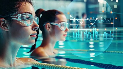 Data processing and diagram overlay on Caucasian female in swimming pool setting with focus on analytics, data processing and diagrams over caucasian female friends in swimming pool - Powered by Adobe