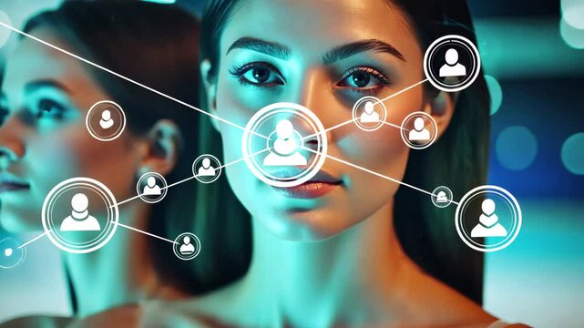 Data processing visualization overlaying a woman's profile in a serene aquatic environment, data processing and diagrams over caucasian female friends in swimming pool