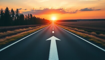 Naklejka premium Asphalt Road to Success Sunset Journey Ahead Travel Destination Forward way sky path open hope goal 